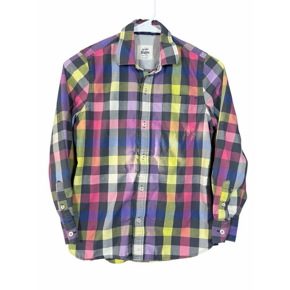 Mini Boden Boys Button-Down Shirt 9–10Y Multicolor Plaid Check Long Festive